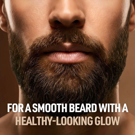 Close-up of a well-groomed beard with text promoting a smooth, healthy-looking glow.