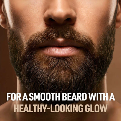 Close-up of a well-groomed beard with text promoting a smooth, healthy-looking glow.