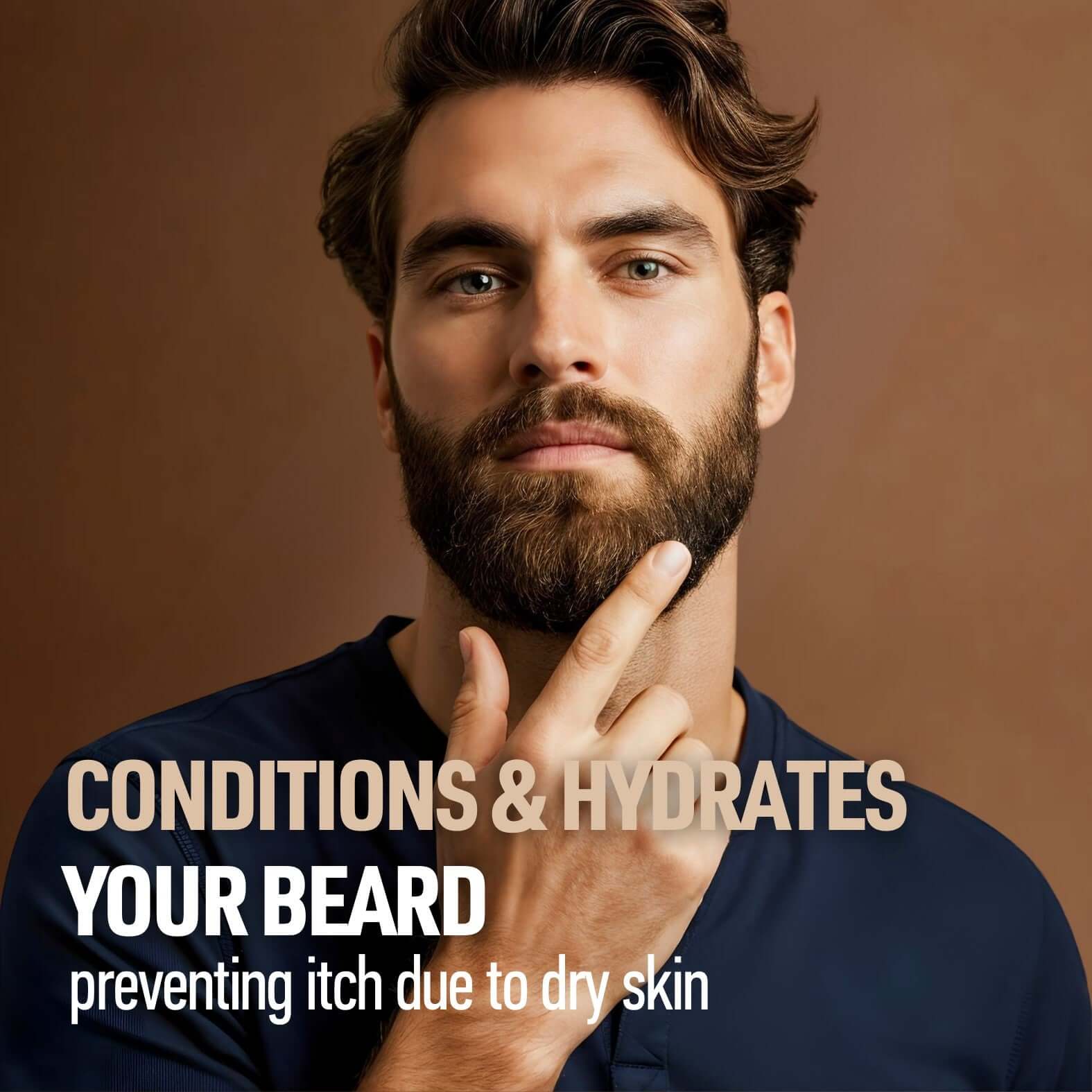 Man smoothing well-conditioned beard with Delune Cedarwood Beard Oil; prevents itch and hydrates skin.