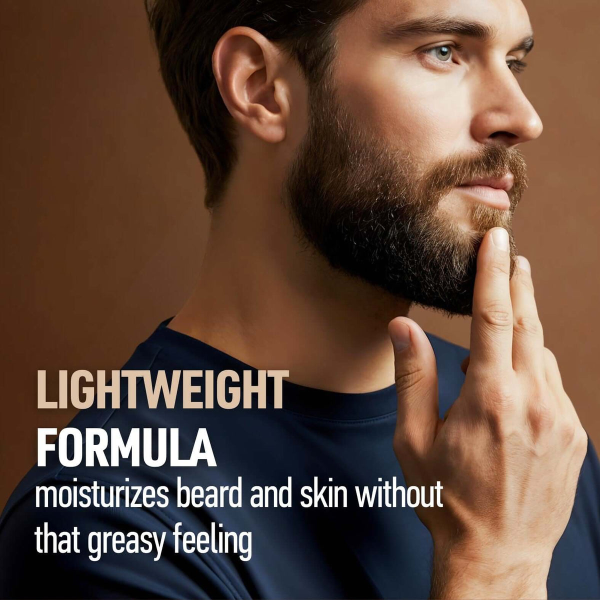 Bearded man applying lightweight beard oil for a non-greasy finish