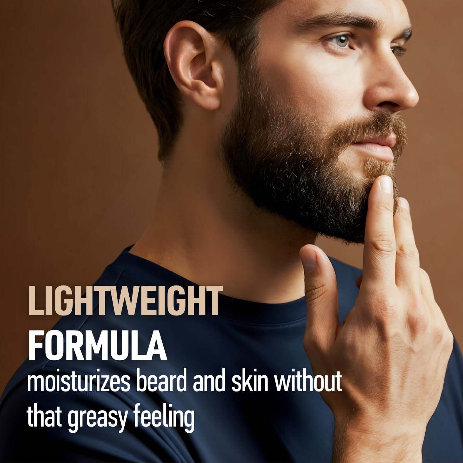 Bearded man applying lightweight beard oil for a non-greasy, moisturized look.