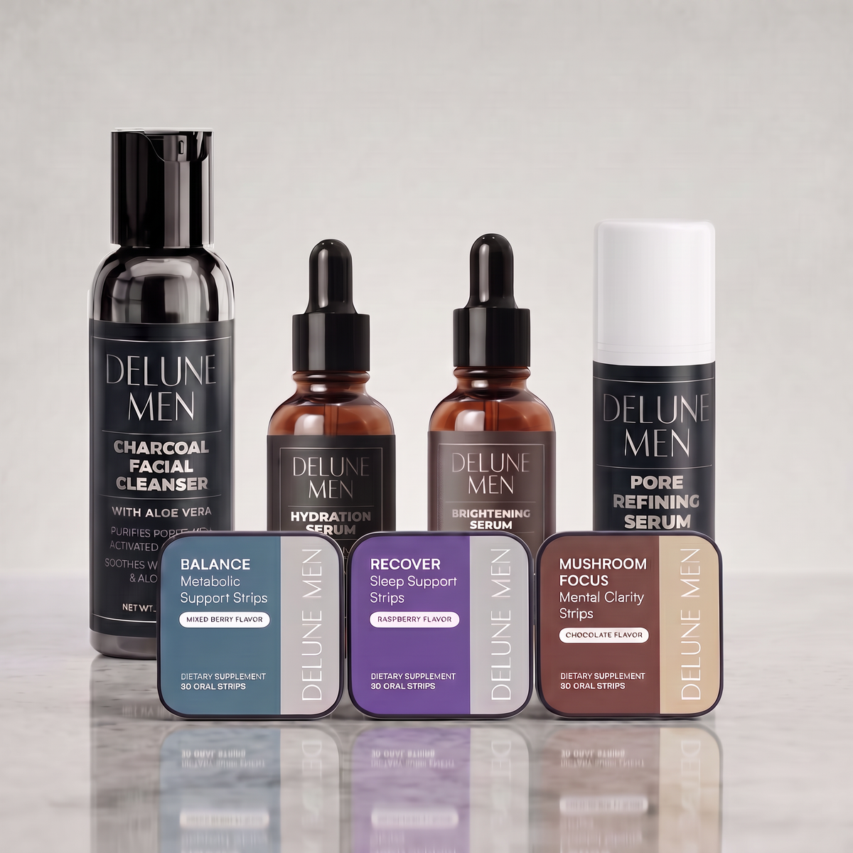 Delune Men The Full Inside and Out bundle: Charcoal Facial Cleanser, three serums and three daily strips