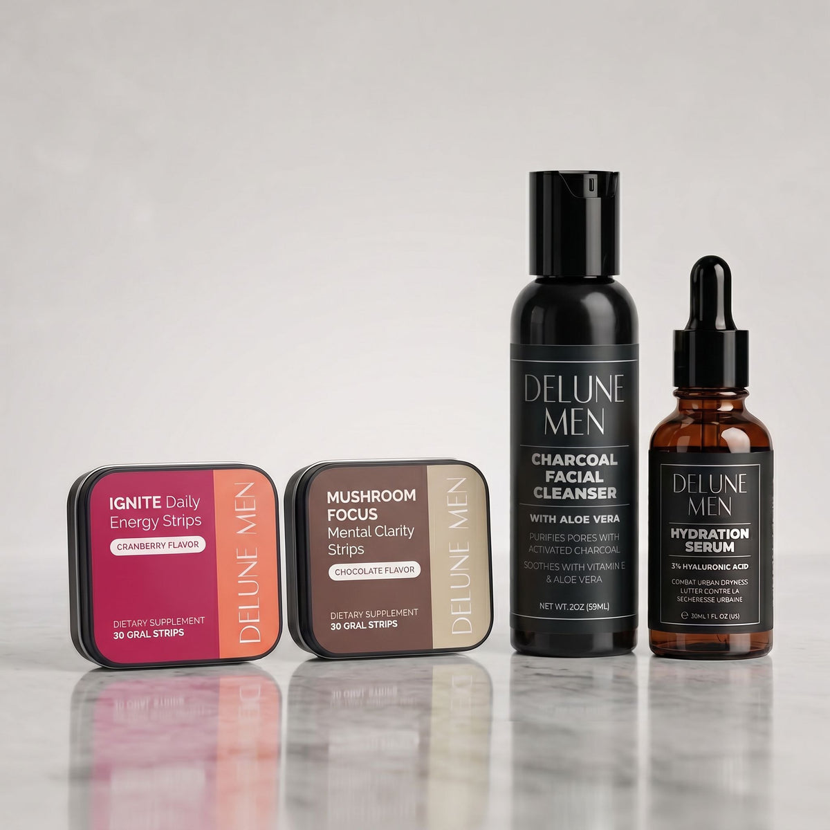 Delune Men The Morning Stack bundle: Charcoal Facial Cleanser, Hydration Serum, FOCUS and IGNITE strips