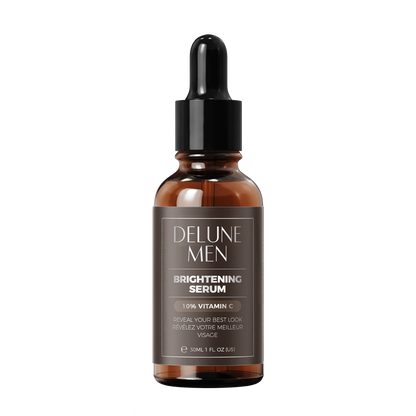 Brightening Serum bottle with 10% Vitamin C for men by Delune, designed to revitalize skin and boost collagen, 30ml.