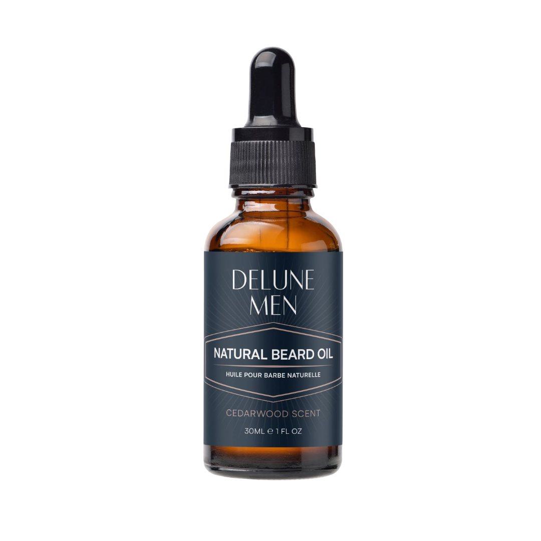 Delune Men Cedarwood Beard Oil bottle for lightweight beard care