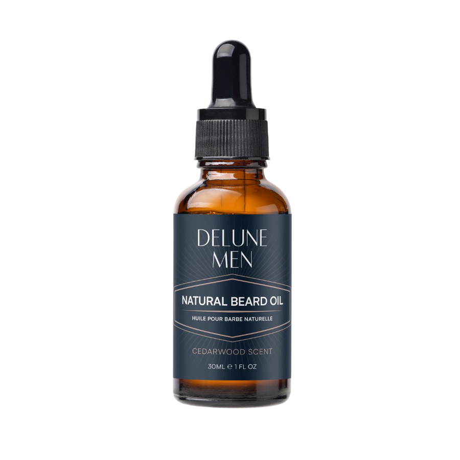 Delune Men Cedarwood Beard Oil bottle for lightweight beard care