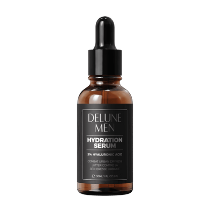 Delune Men Hydration Serum bottle with 3% Hyaluronic Acid for deep skin hydration and urban dryness combat.