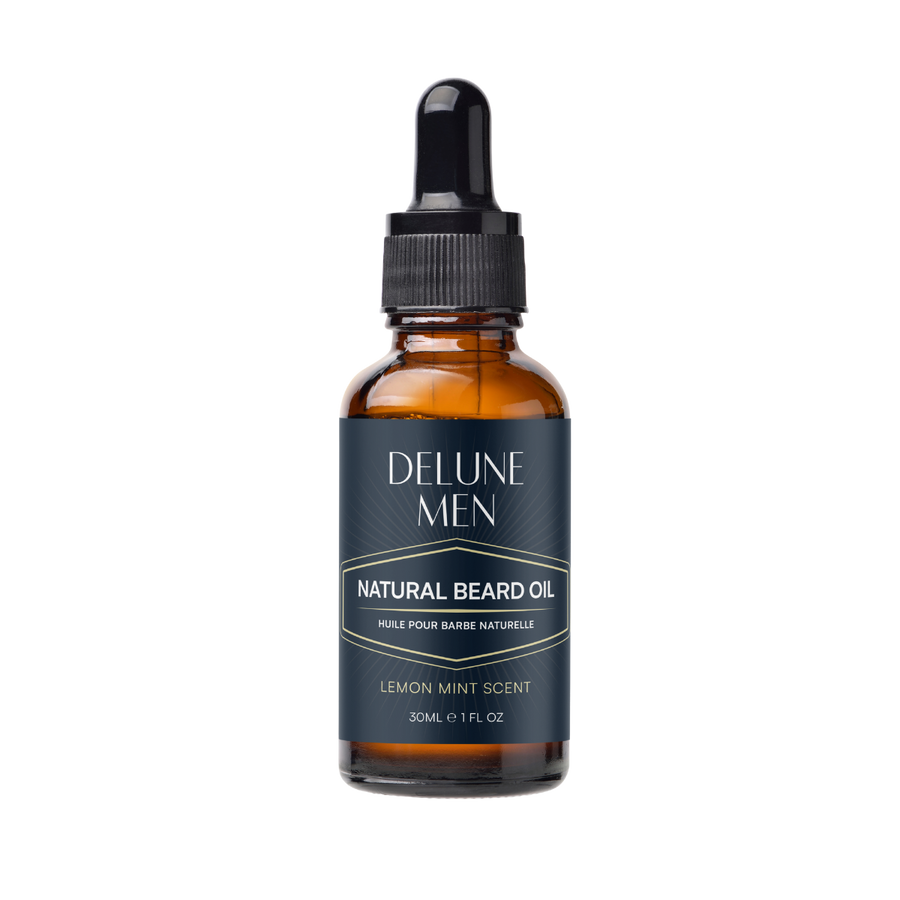 Delune Men Lemon & Mint Beard Oil bottle for fresh lightweight beard care