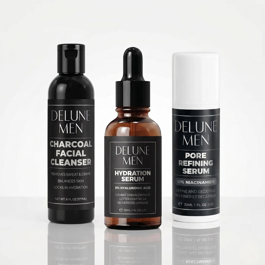Delune Men The Full Routine bundle: Charcoal Facial Cleanser, Hydration Serum and Pore Refining Serum