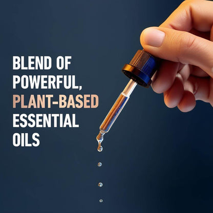 Hand holding dropper with plant-based essential oils, powerful blend text on blue background.