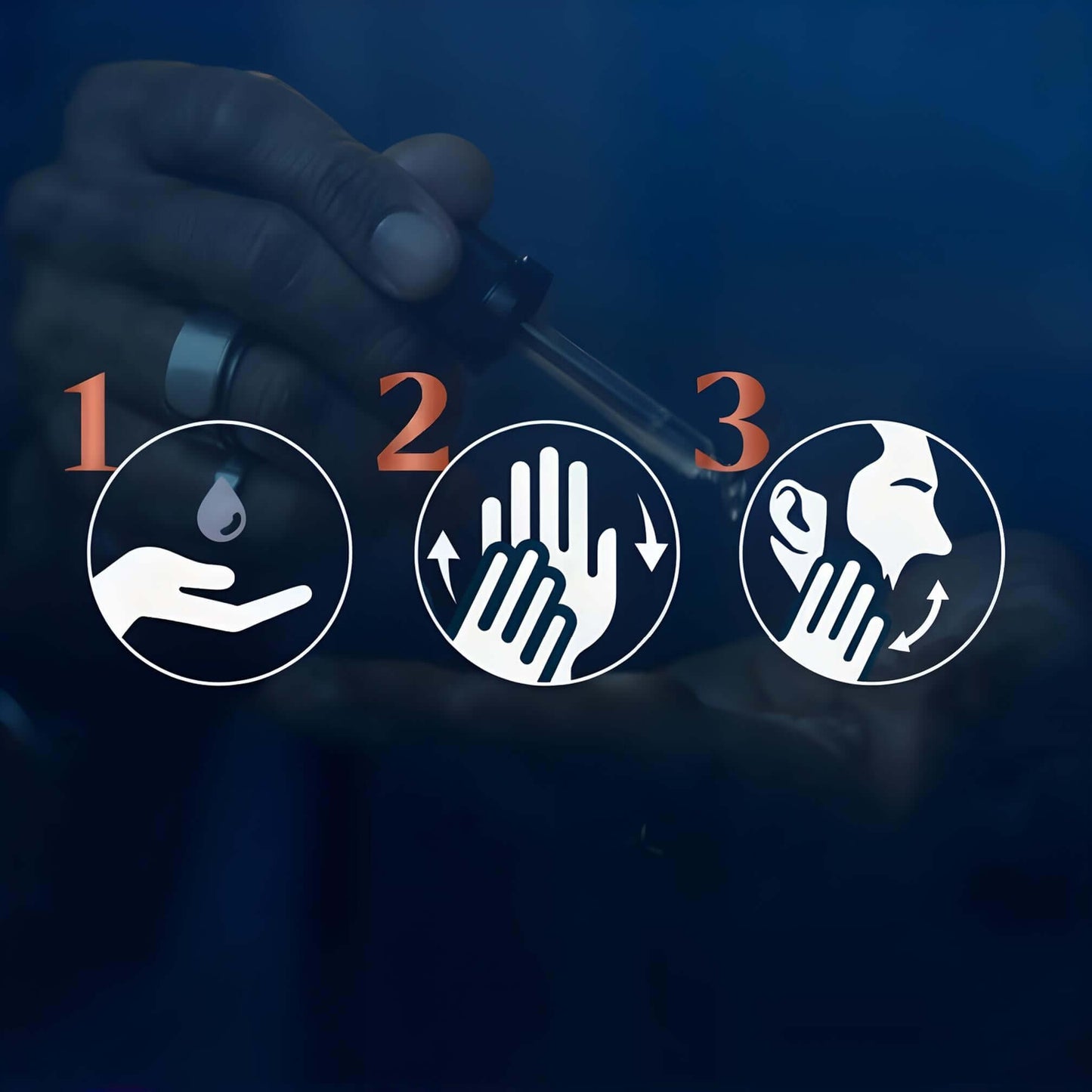 How to apply Delune Men Cedarwood Beard Oil in three easy steps with icons.